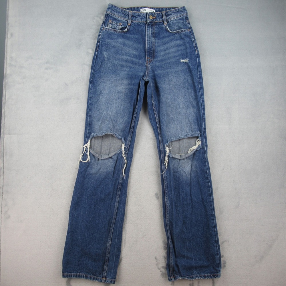 Zara Jeans Women 6 Blue High Rise Distressed Straight Leg Denim